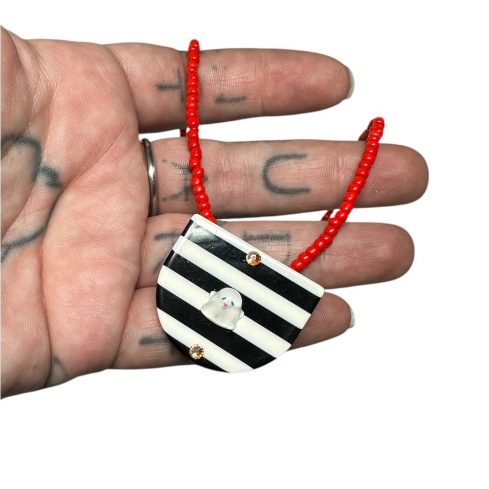 Red beaded necklace ghost pendant and rhinestones punk 90s Y2K statement jewelry